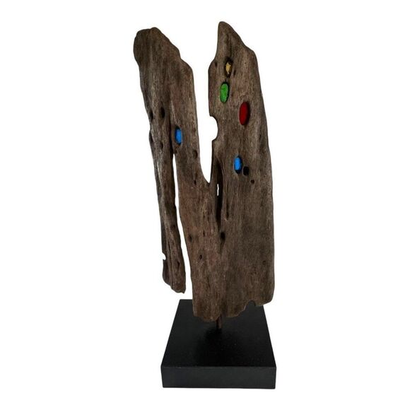 Unique Driftwood Sculpture With Colorful Glass Accents On Base Signed MCM Retro - Picture 3 of 11